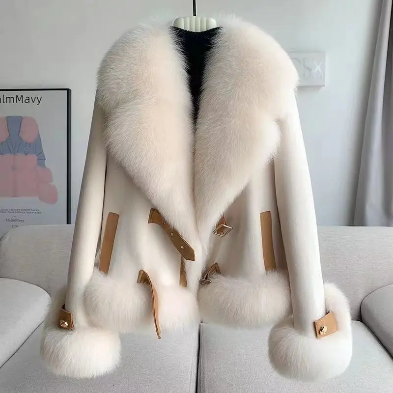Women Faux Fox Fur Coats Shearling Suede Jacket Lace Up Turn Down Fur Collar Thick Warm Casual Office Lady 2025 Autumn Winter