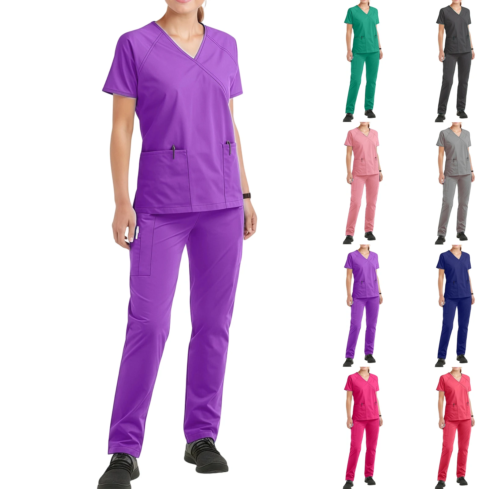 Conjunto de enfermera para mujer, cuello en V, manga corta, multicolor, bolsillo con cremallera, pantalones largos, uniforme médico, ropa de trabajo profesional acogedora