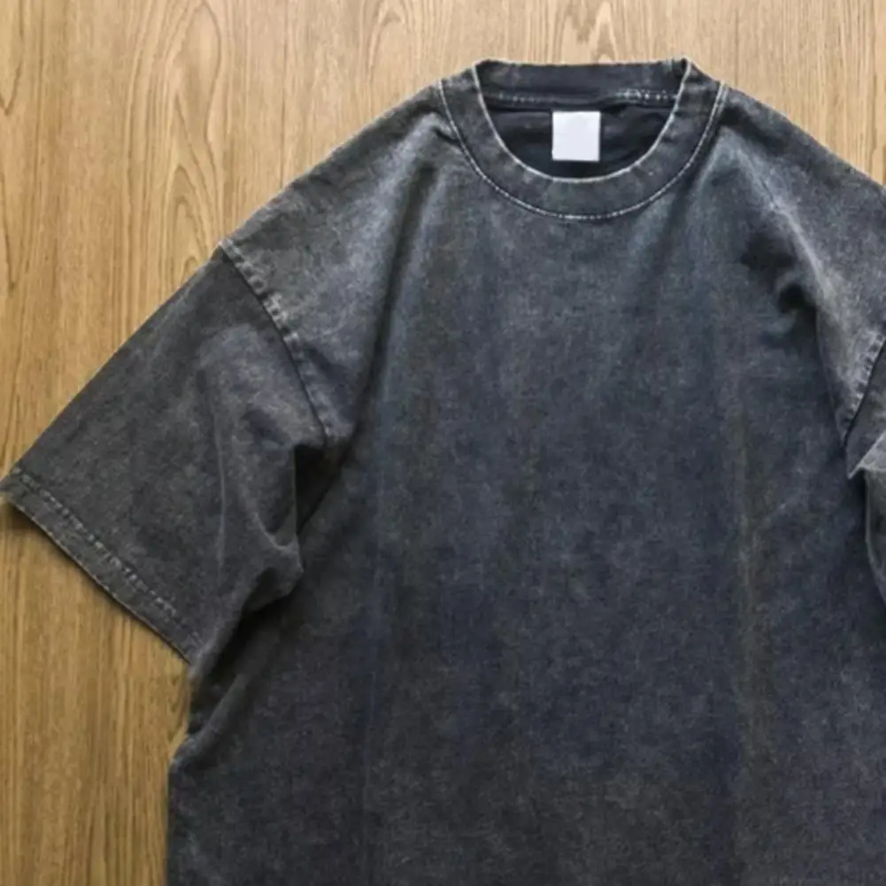 Men T-shirt Solid Color O-Neck Half-sleeves Breathable Summer Distressed Vintage Casual Male T-shirt Heavy Fabric Cotton Tops image 3