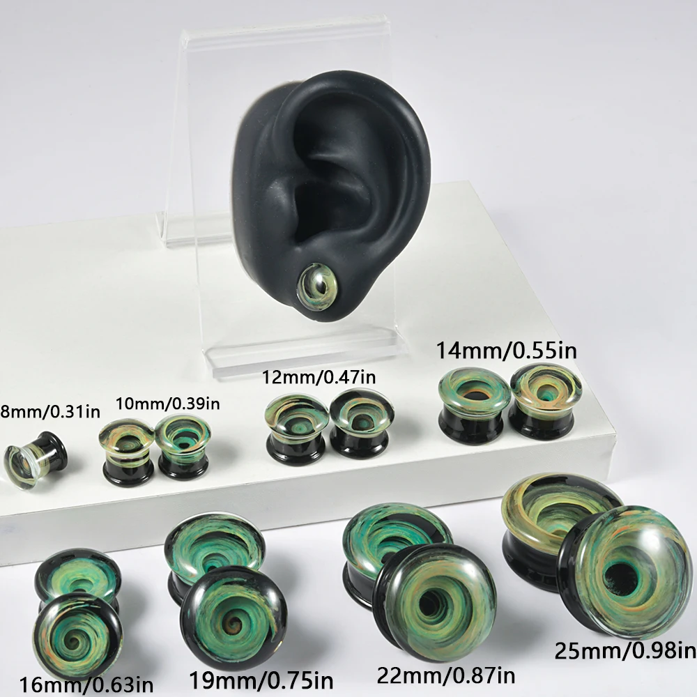 1Pair Glass Green Swirl Double Flare Flashback Ear Plug Tunnel Gauge For Men Women Ear Stretching Expander Piercing Body Jewelry