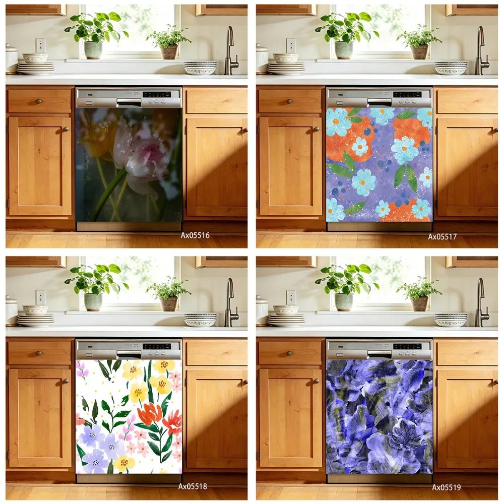 Watercolor Large Peony Mixed Floral Dishwasher Sticker Self Adhesive Cottagecore Light Florist Cabinet Washer Aesthetics Decor