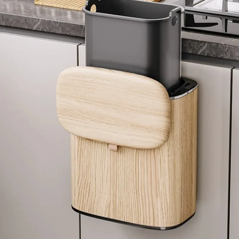 2024 Pull-Out Kitchen Cabinet Trash Can - Wood Grain Dual Bin with Sensor Lid, Hands-Free Waste Sorting & Easy Mobility