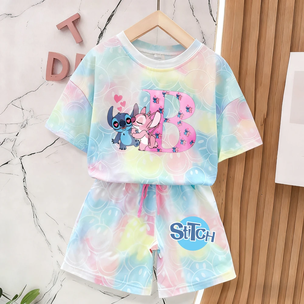 

Stitch Kawaii Smile Face Cute Soft Breathable Adorable Print Tie-dye Girl Summer Short Sleeve Tees Outfits T-Shirt and Shorts