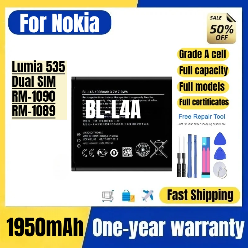 

BL-L4A for Nokia Lumia 535/Dual SIM/RM-1090/RM-1089 Mobile Phone Battery High Quality Replacement Bateria Grade A Cell with Tool