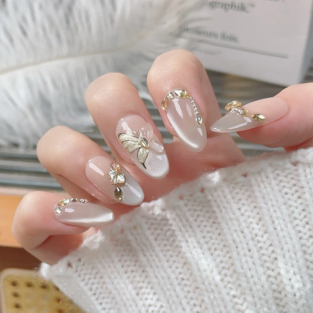 10pcs Medium Oval Handmade Press On Nails Kit, Golden & Nude Fake Nails, Noble Elegant Wearable Nail Art, Shining Butterfly