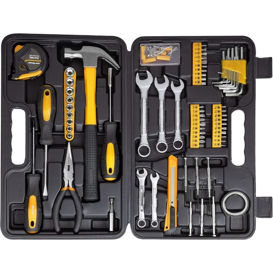

148-компонентный обычный набор ручных инструментов с пластиковым ящиком для инструментов, чехлом для хранения автомобилей, ремонтом и обслуживанием, желтый цвет