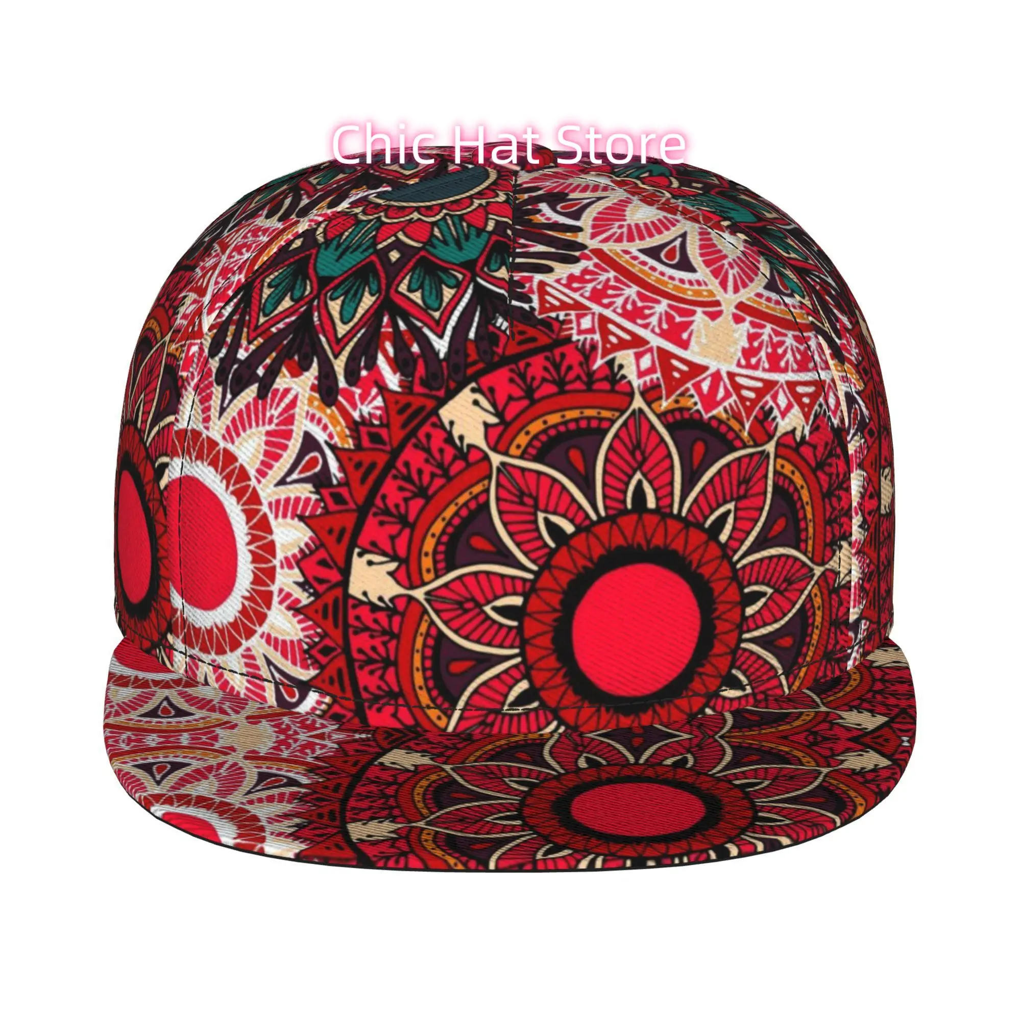 1pc Red Mandala Pattern Fully Printed Hip-Hop Cap, Stylish Flat-Brimmed Baseball Cap, Trucker Caps Baseball Caps