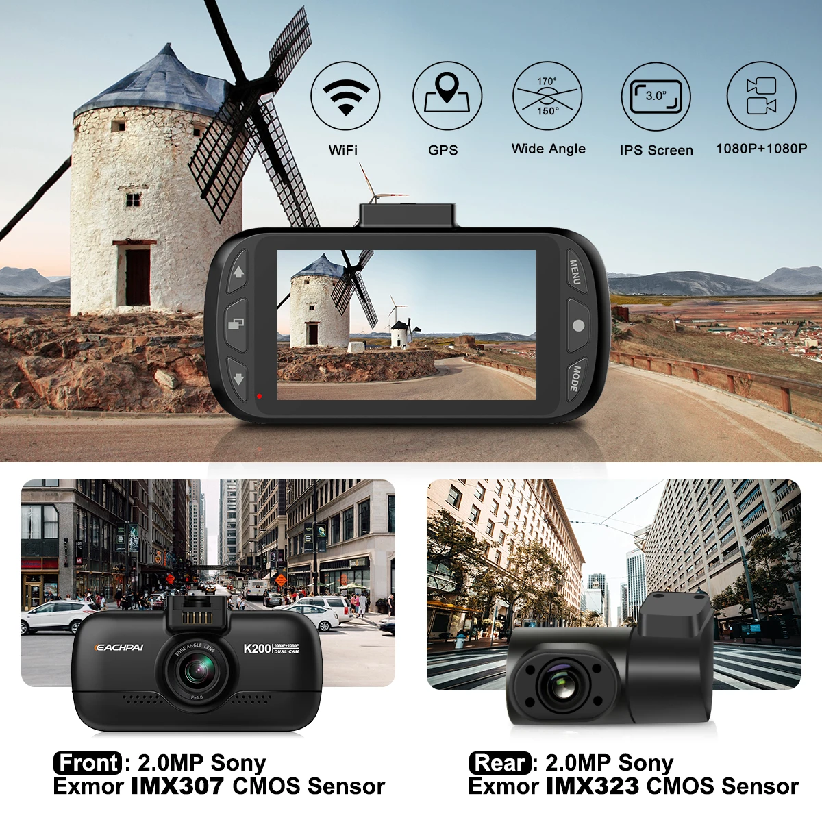 Eachai-車用デュアルDVRカメラ,デュアルダッシュカメラ,1080P,GPS,wifi,スタービス暗視装置付き