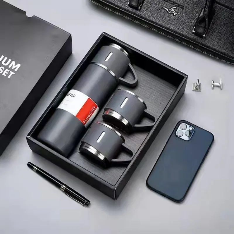 Juego de tazas termo al vacío de acero inoxidable 304 para negocios, una taza de regalo de tres tapas, taza recta, conjunto con caja de regalo portátil para exteriores