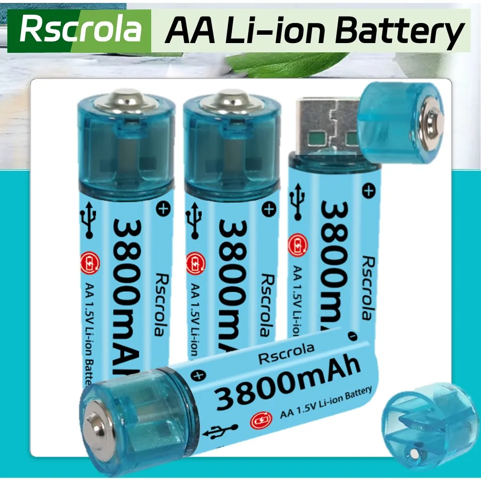 

Rscrola AA Li-ion Rechargeable Battery USB Fast Charge Double A Batteries 1.5V 3800mAh AA Battery for Clock, Remote Controls etc