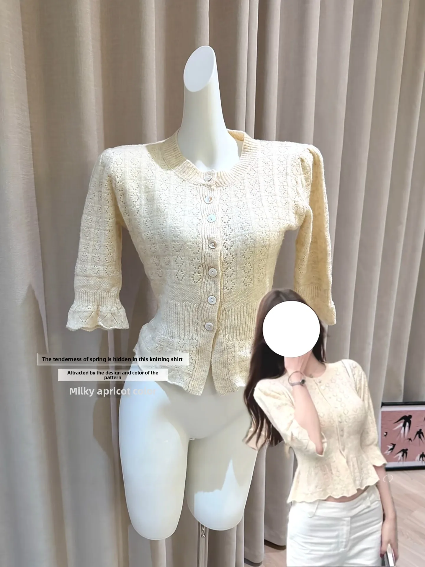 

Alice Love Letter Hollow out Knitted mid Sleeve Women's Vintage Lace Slim Fit Outerwear Top Five Button Regular Length