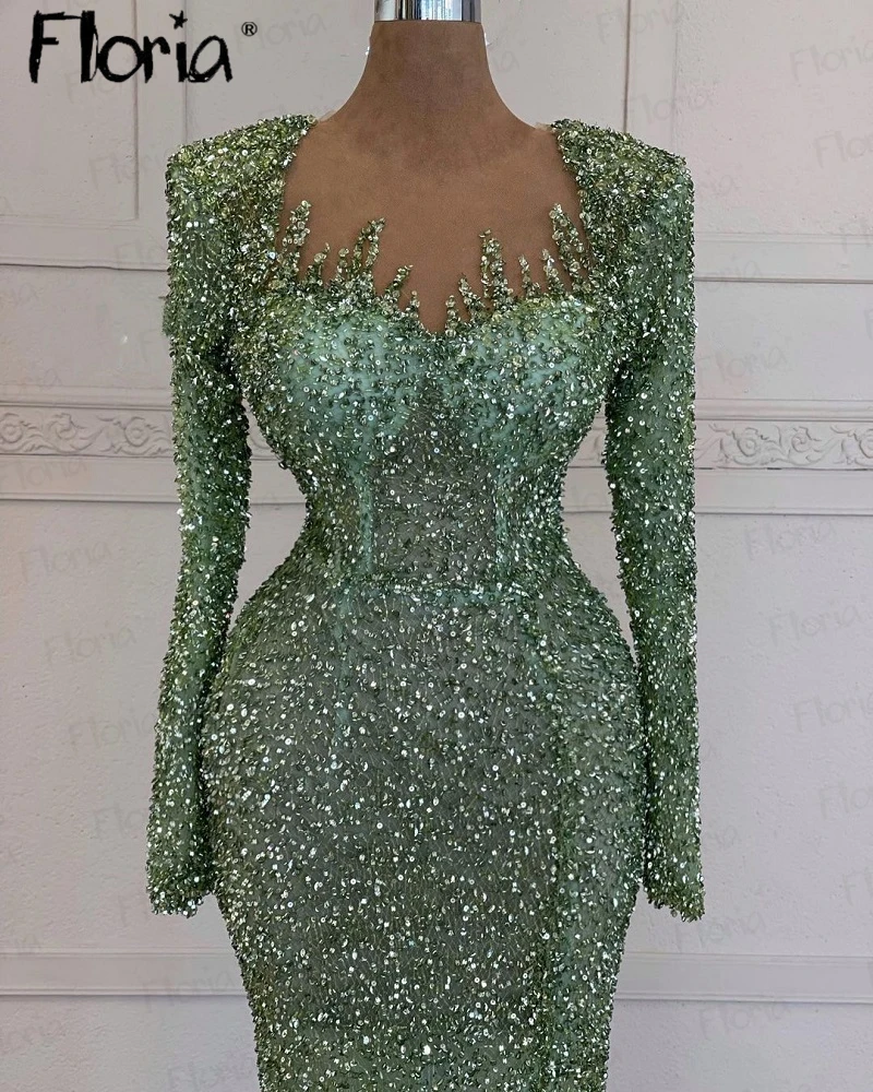 Couture Green Maxi Long Evening Dresses Arabic Queen Anne Neckline Wedding Party Gowns Sparkle Mermaid Second Reception Dresses