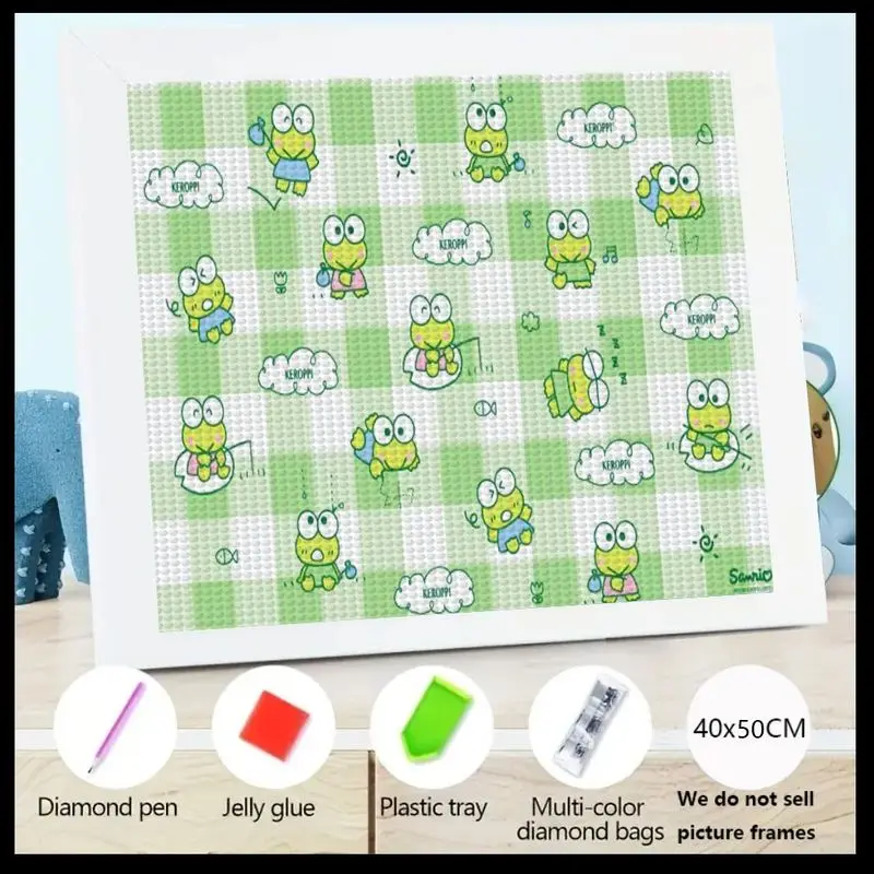 

5D DIY Полный дрель Алмазная картина Набор с Keroppi Sanrio Милая мультяшная лягушка, зеленый клетчатый узор с несколькими забавными покатами