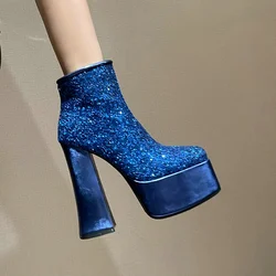 Blue Silver Gold Women Ankle Boots Platform Square High Heel Ladies Short Boots Fashion Bling Zipper Dress Women's Boots Big Siz