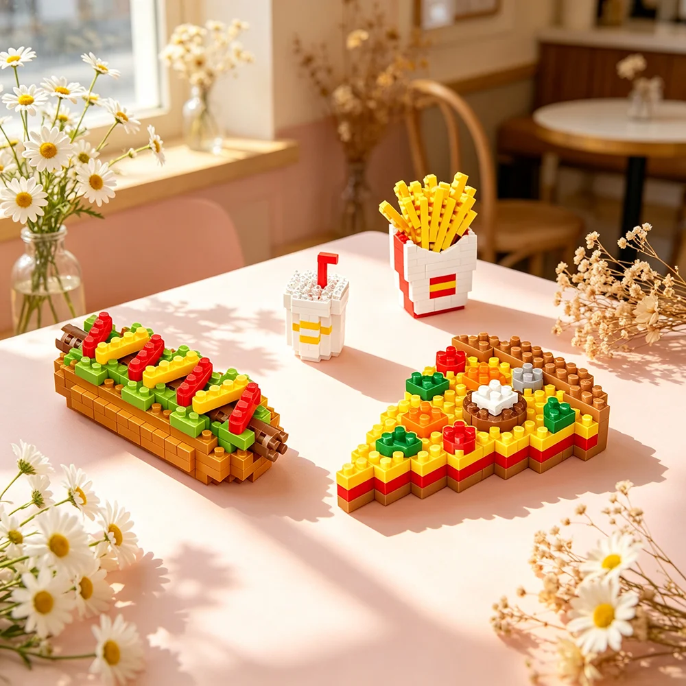 DIY Mini-Lebensmittel-Bausteine-Set: Burger, Pizza, Pommes, Hot Dog, Cola, Wein – Rollenspiel-Mikrospielzeug, Lernspielzeug, Weihnachtsgeschenk für Kinderpartys ﻿