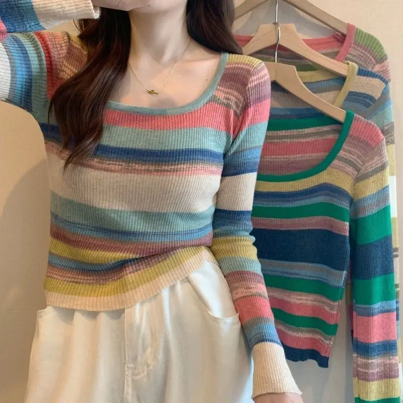 Women Clothing Fashion Rainbow Striped Knit Pullovers Autumn Casual All-match Square Collar Long Sleeve Sweater Elegant Slim Top