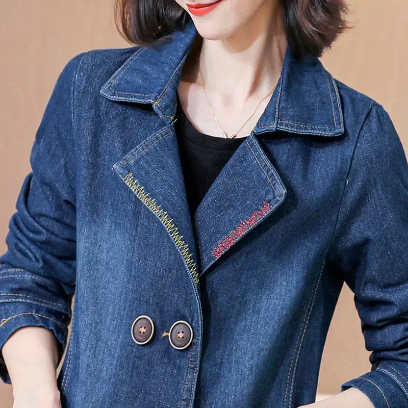 Denim Jacket Coat Women Double Breasted Full Sleeves Vintage Windbreaker Female Long Jean Jacket Outerwear Tops NewSpring Autumn