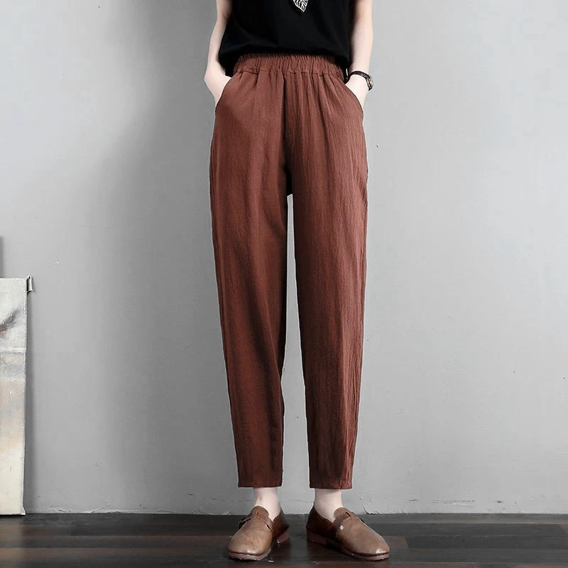 Pantalones informales de pierna recta holgados de lino y algodón para mujer, pantalones Harlan finos de verano para mamá, pantalones de calle cómodos y transpirables de talla grande