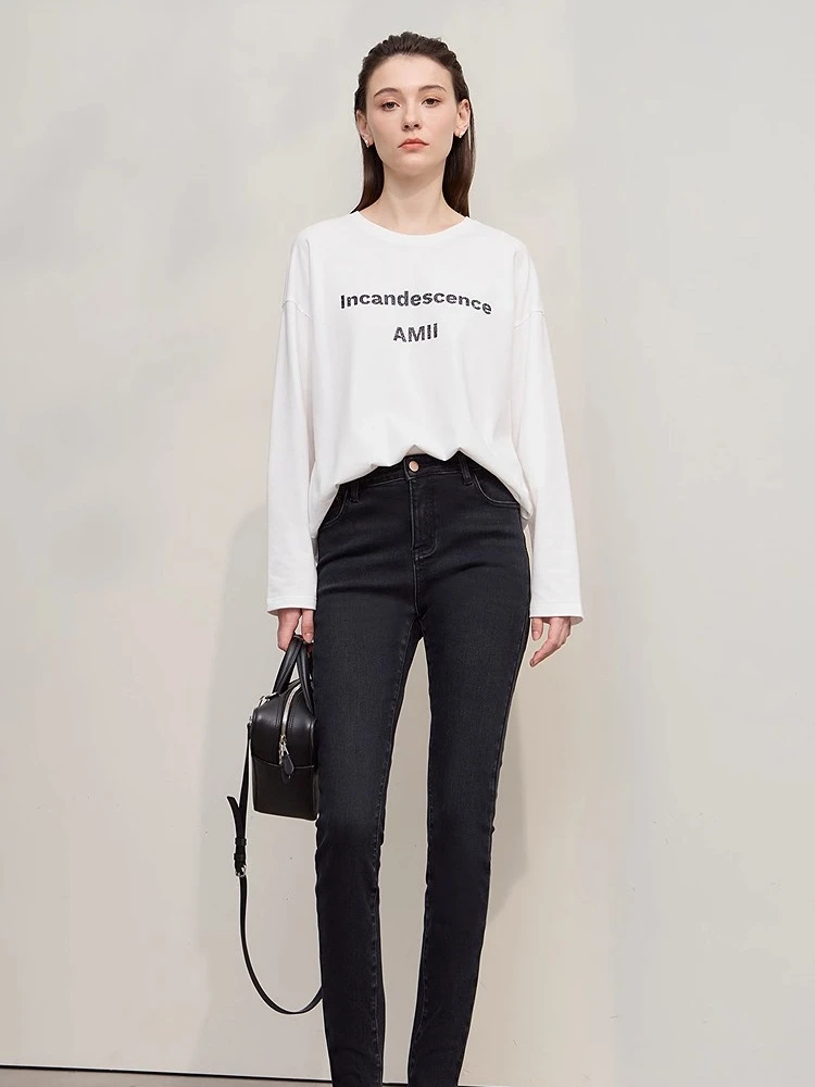 AMII Women's Jeans 2025 Winter New Slim Cotton Warm Versatile Women Denim Pants Solid Black Retro Casual Women's Pants 12544116 - Image 3