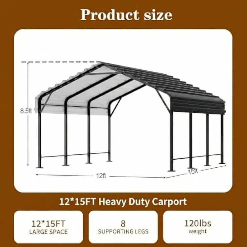 12x15 ft all-weather steel shelter with reinforced galvanized frame, UV-resistant roof, leak-proof sealed seams, rust-proof powd