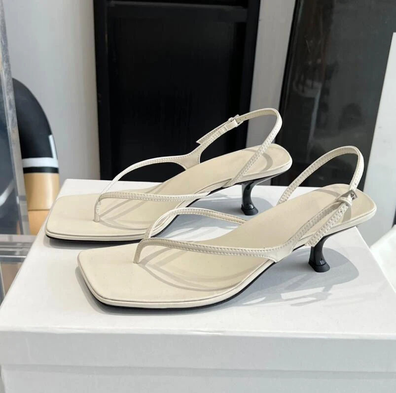 Narrow Band Flip Flops Sandal Shoes Real Leather Slingback Simple Style Cool Summer High Quality Shoe White Coffee Elegant Mule