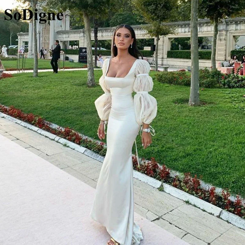 SoDigne Ivory Mermaid Long Puff Sleeves Evening Dresses Square Neck Simple Satin Formal Prom Dress For Women Party Gowns