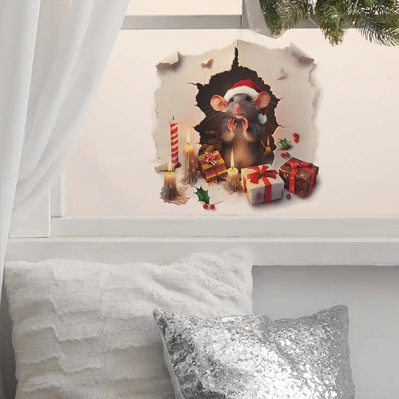 Weihnachten Maus Loch Dekoration Nette Cartoon Wand Aufkleber Wohnzimmer Wand Rand Hause Dekoration Wasserdicht Aufkleber M1050 – Detail 5