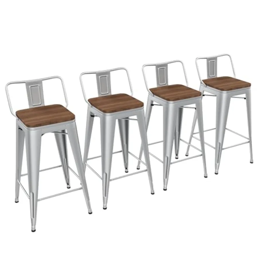 

30 inch Bar Stools Set of 4 Bar Height Metal Barstools with Wood Seat Low Back Kitchen Bar Chairs Silver