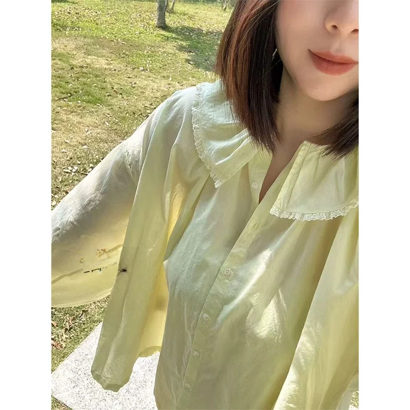 Susan French Sle Loose Fit Long Sve Cotton Lace Trim irt Top casual versatile in cotone sottile per giovani donne