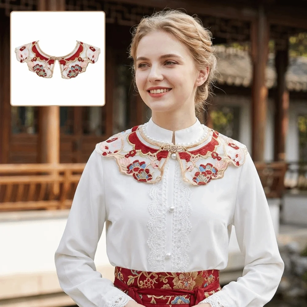 Ancient Elegant Hanfu Shawl Floral Pattern Embroidery False Collar Traditional Decorative Yunjian Round Neck Photography Prop