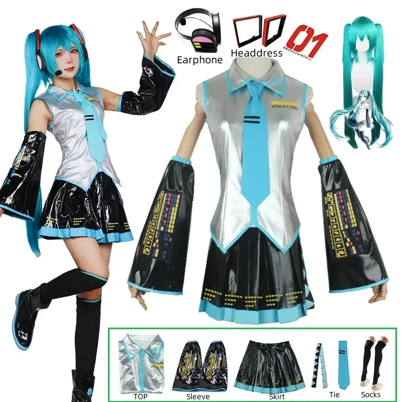 Conjunto Completo de Cosplay de Miku en Cuero Plateado y Tela, con Sombrero, Traje Escolar JK, Vestido de Marinero, Uniforme de Lycée