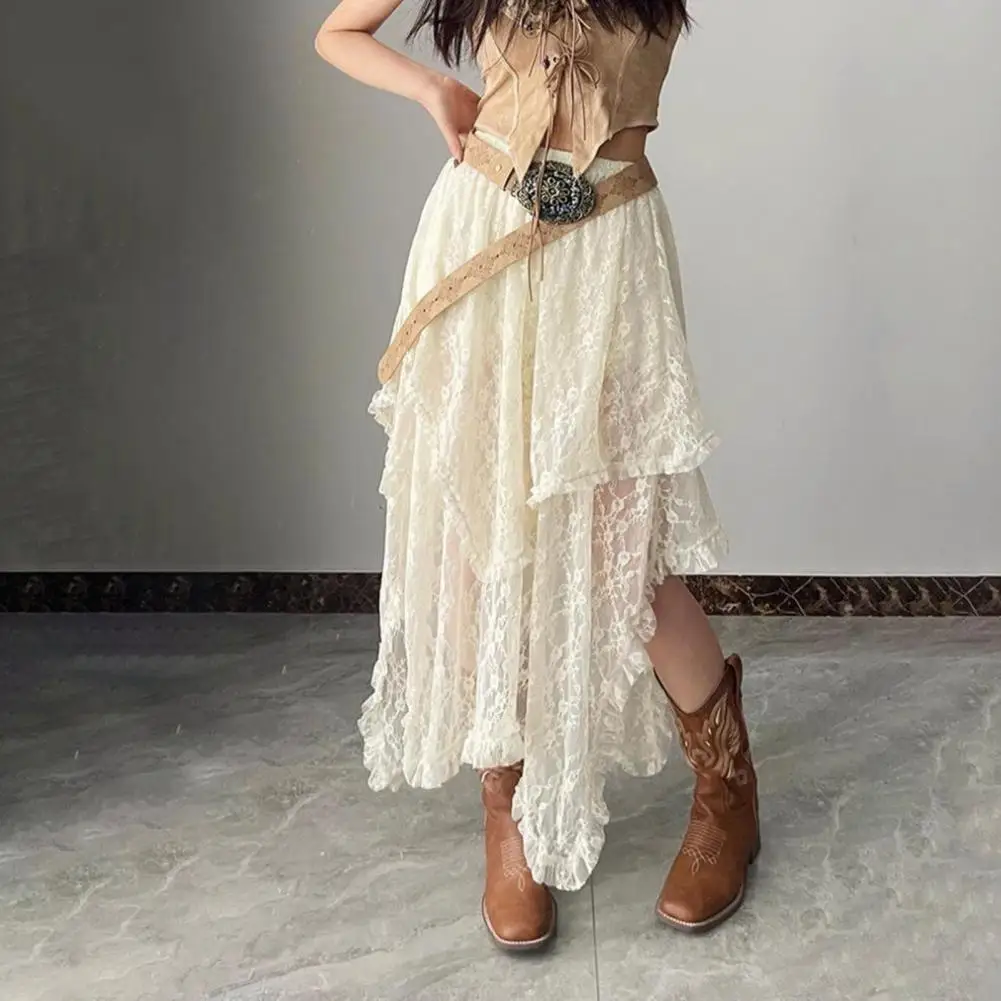 2026 French Style Retro Embroidery Lace Flower Long Skirts Irregular Midi Skirt Retro Skirt High Waist Lace Design Midi Skirt