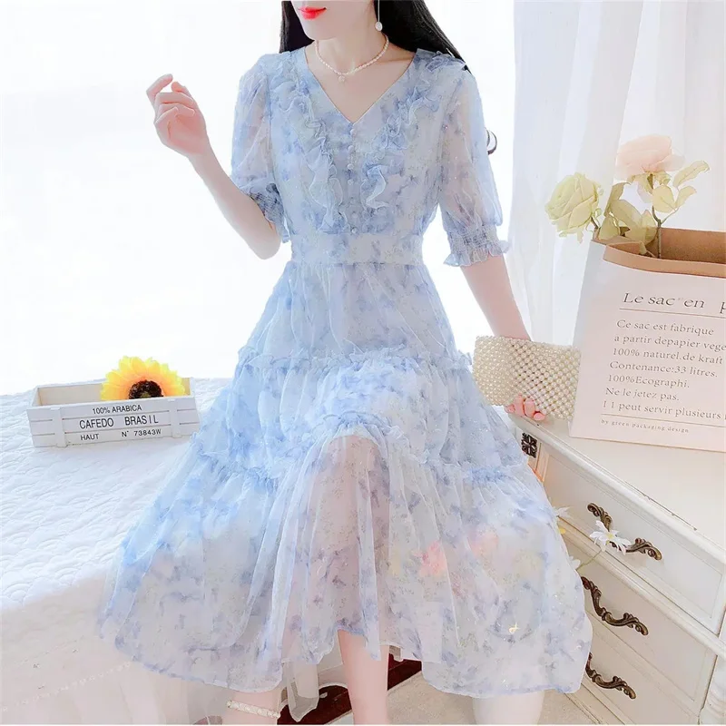 2026 Boho Dress Women Floral Print Wrap Long Holiday Dress Ruffles Female Casual V-Neck Beach A Line Beach Dress Party Vestidos