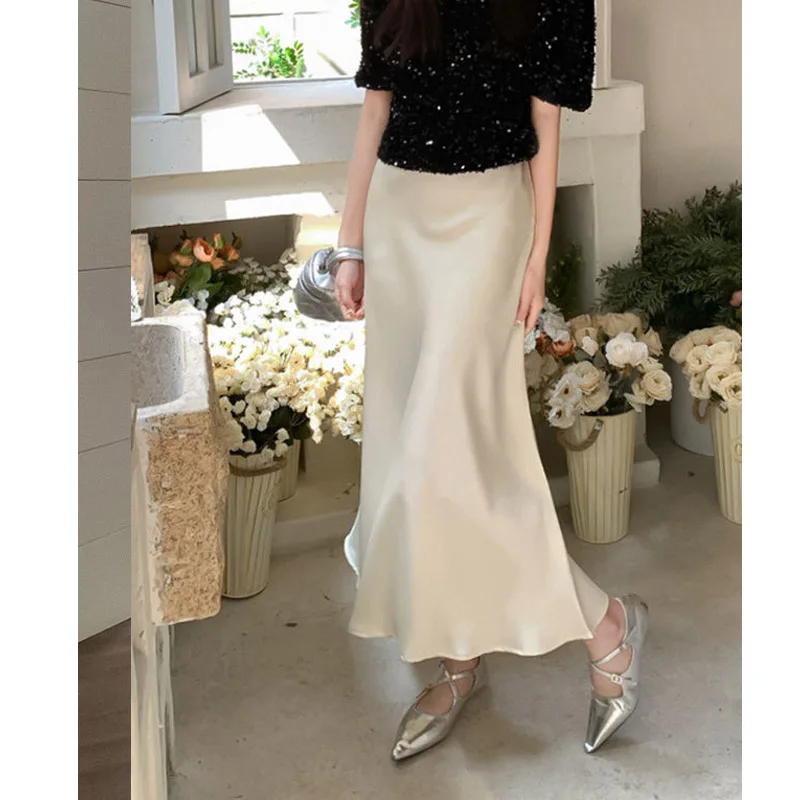 Temperament Silk Smooth Satin Half Length Dress for Women with Sagging Medium Length High Rise Slim VersatileFish Tail Skirt