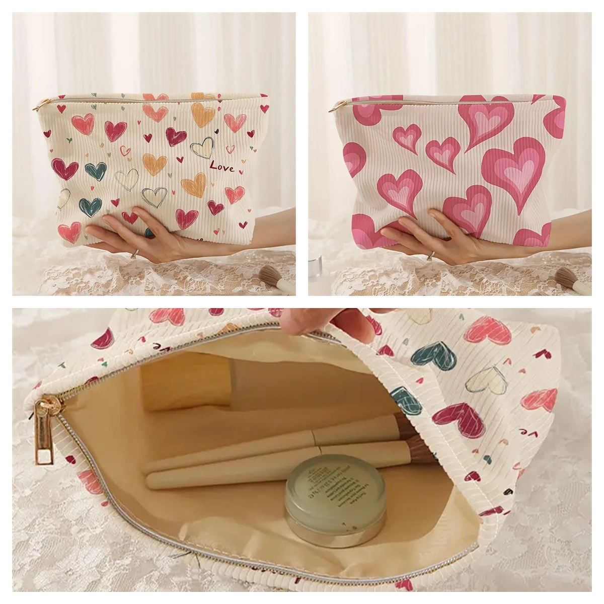 

Cute Corduroy Heart Pattern Colorful Makeup Bag Double-Sided Printed Portable Travel Zipper Makeup Bag Brushes Storage Bag