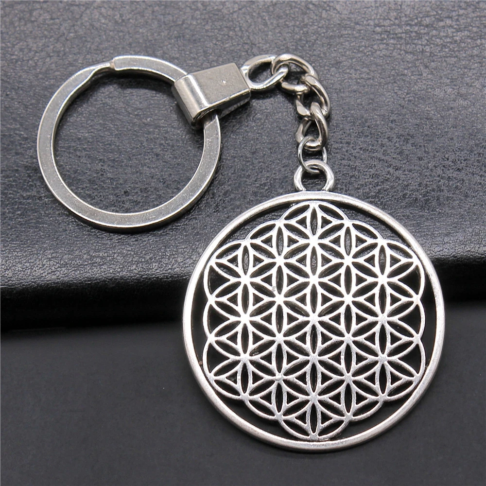 Fashion Antique Silver Color 47x42mm The Flower Of Life, The Seed Of Life Charms Pendants Key Chain Keyring For Men & Women