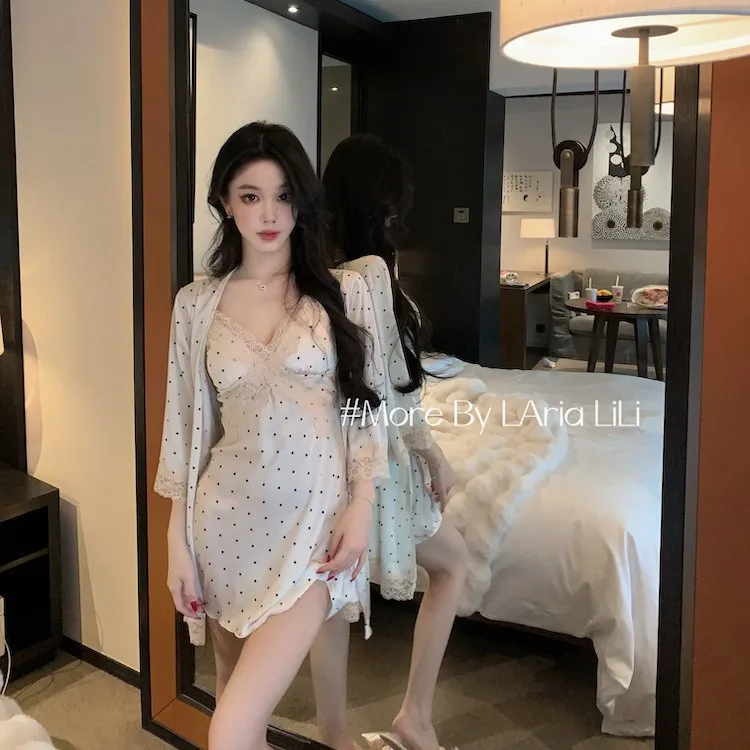 

New Western poetry sexy pure desire nightdress design dress polka dot set suspender high-end pajamas with chest pad women