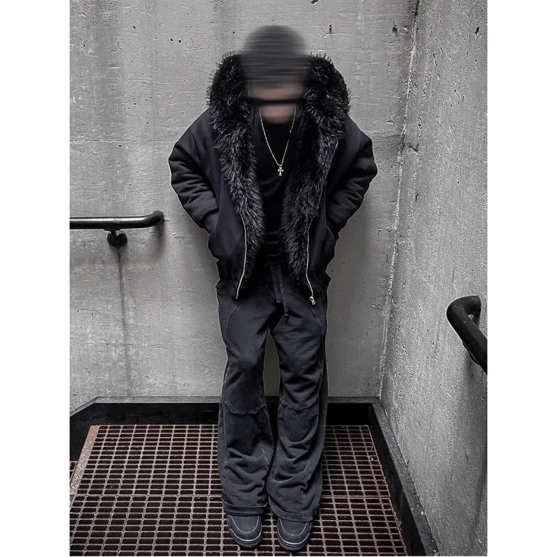 Autumn and Winter Oversized Thickened Warm Black Reversible Faux Fur Parka Coat Men with Hood Zipper Fluffy Jacket Hooded Coat
