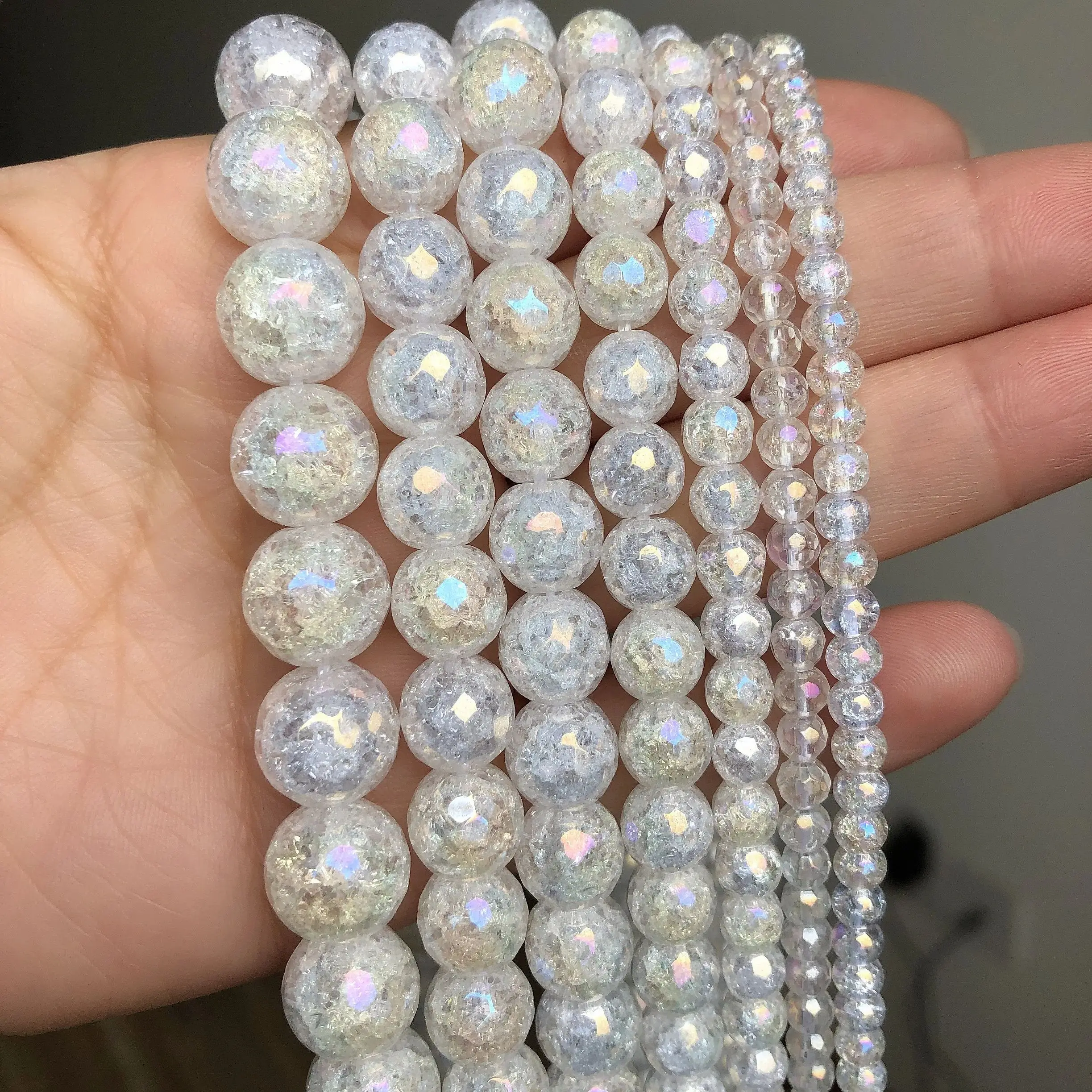 Natural Stone Rainbow AB White Snow Cracked Quartz Crystal Beads For Jewelry Making Diy Bracelet Necklace 15Inch 4 6 8 10 12mm