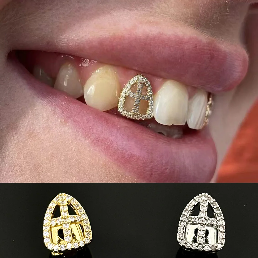 RACHELZ Single Full CZ Stone Hollow Cross Teeth Grillz Braces Hip Hop Golden Cubic Zircon Tooth Caps For Women Men Jewelry