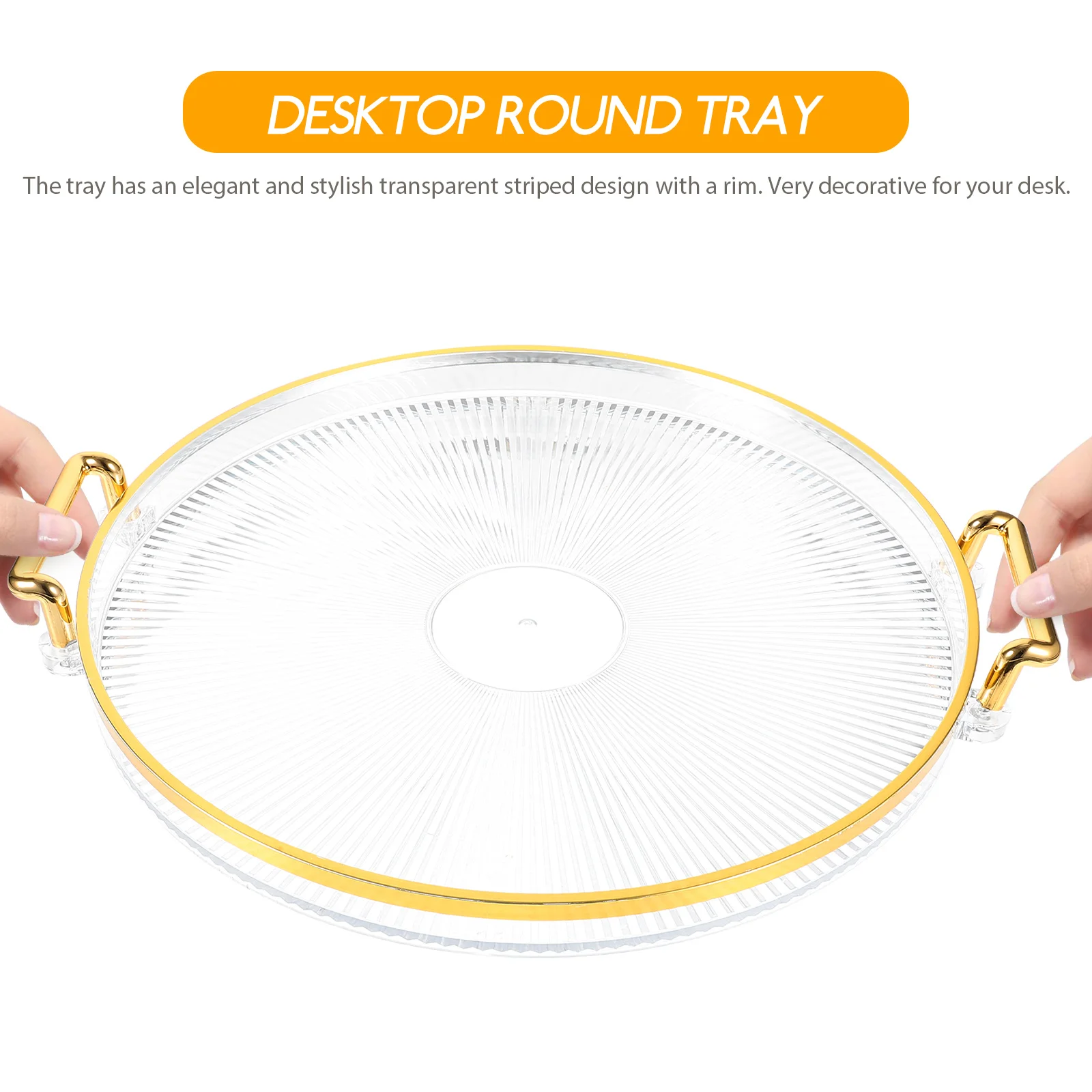 

Gold Rimmed Transparent Striped Round Tray Decorative Storage Dish For Fruits Snacks Candy Home Desktop Serving Plate