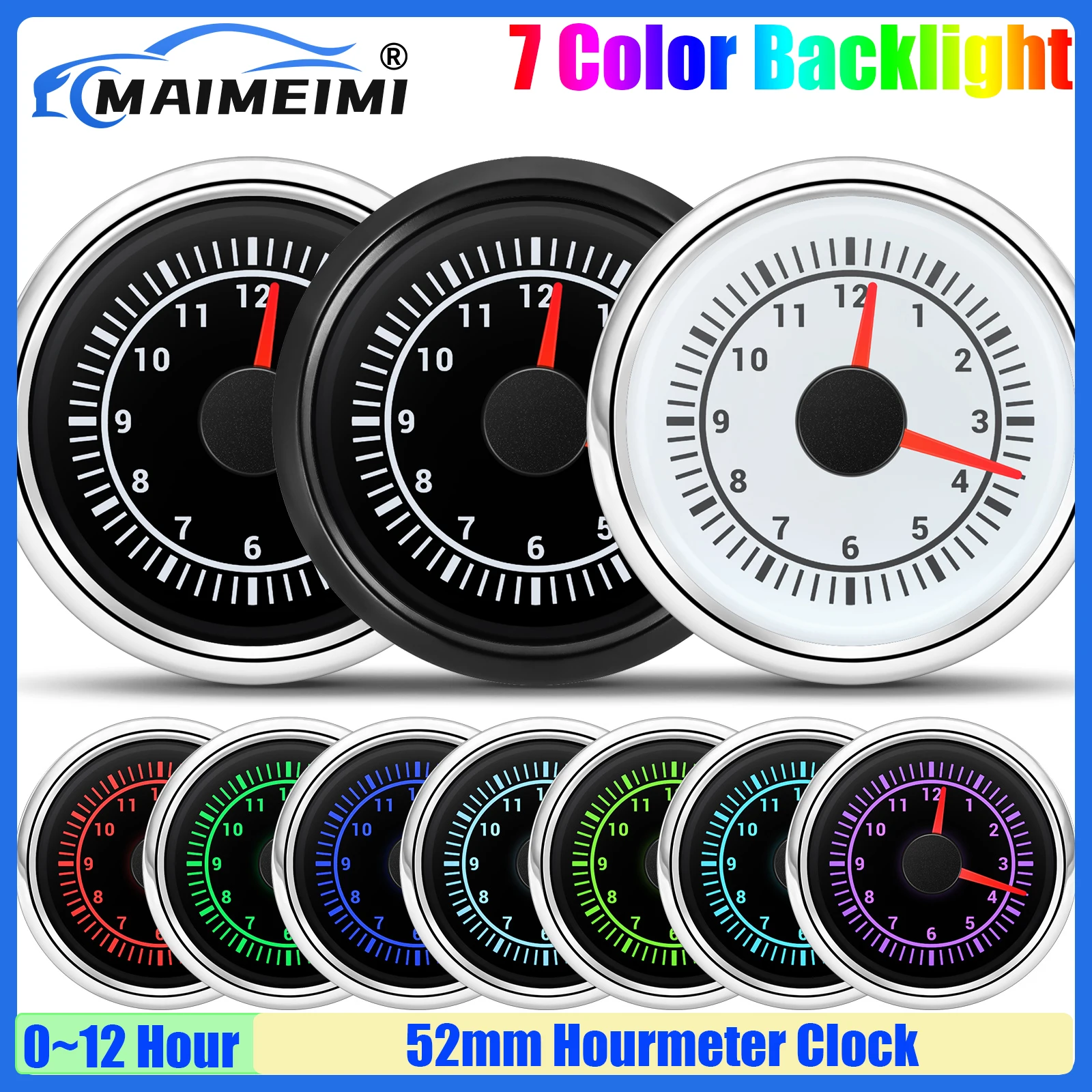 

MAIMEIMI 2"52mm Clock Gauge 0-12 Hours Instrument 7 Color Backlight Clock Meter Gauges Pointer Hourmeter for AutoCar Boat 12V24V