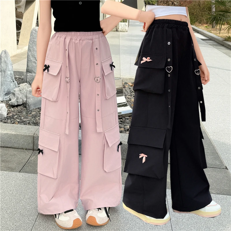 

High Quality Kids Pink Black Cargo Pants with Side Pocket for Tweens Girl High Fashion Hip Hop Trousers Child Street Trackpants