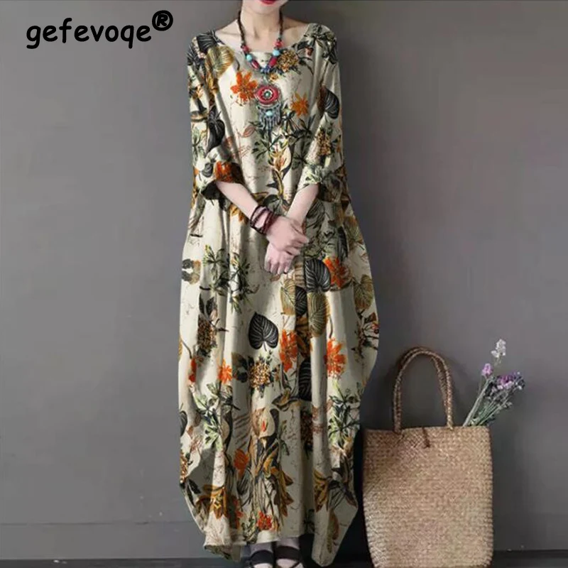 Robe maxi en coton et lin pour femmes, vintage, imprimé floral, style ethnique, asymétrique, demi-manches, streetwear