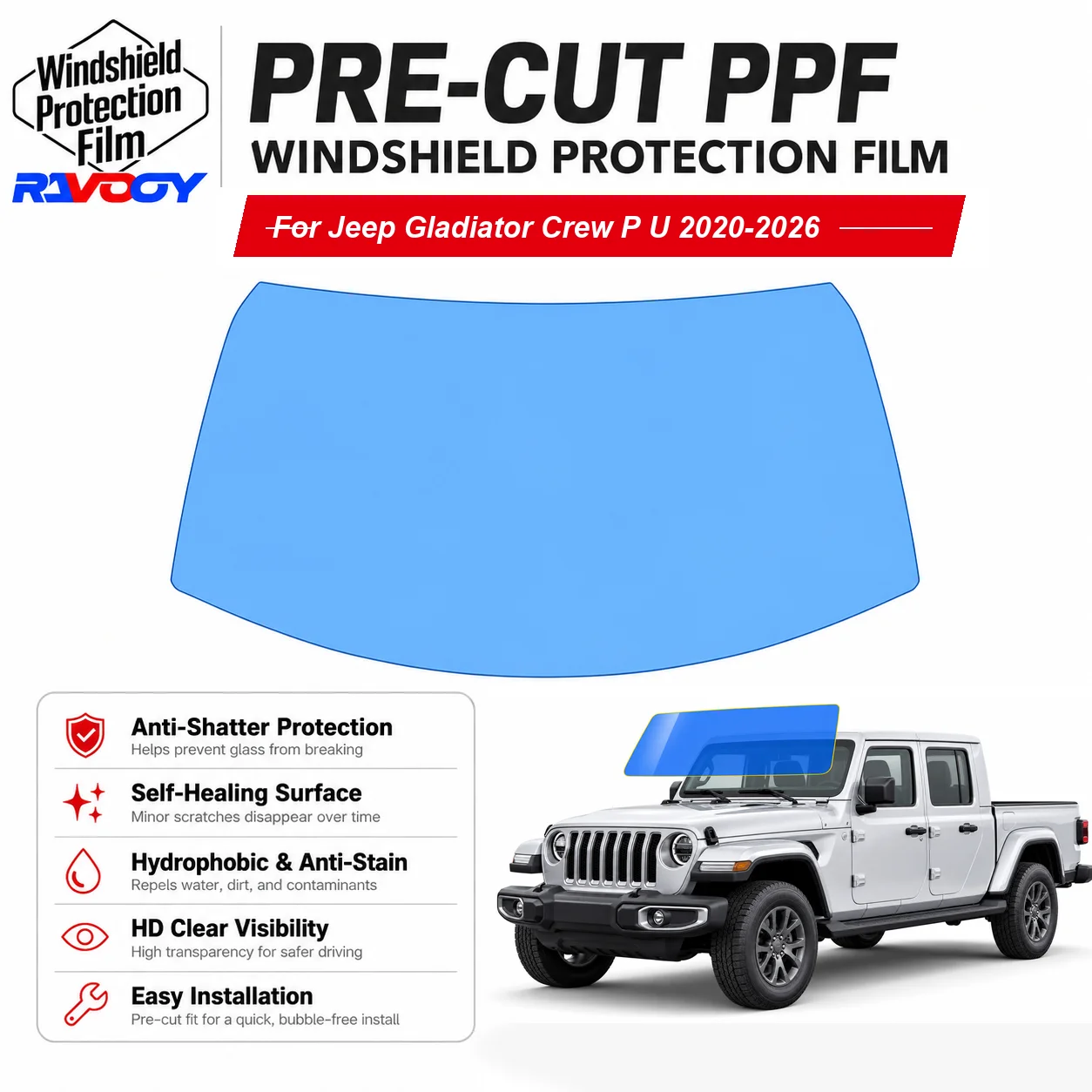 RAVOOY Pre-Cut Front Windshield Protection Film For Jeep Gladiator Crew P/U 2020-2026 6.5mil Clear TPU UV Blocking Hydrophobic