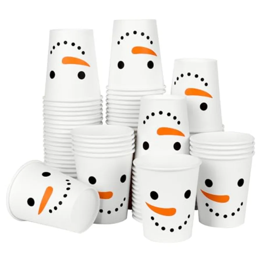 100Pcs Christmas Snowman Party Cups Xmas Disposable Paper Cups Festive Winter Smiling Snowman Face 9 Oz Drinking Cups for Bever