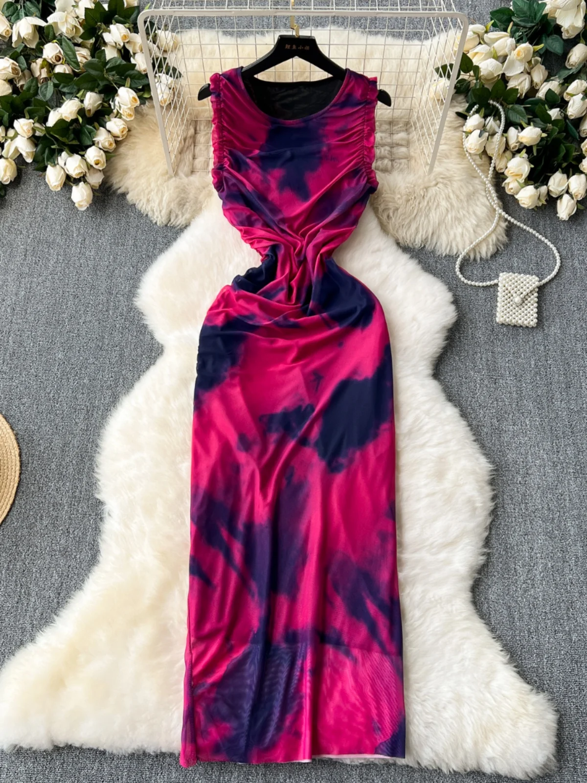 

SsTss Elegant Tie Dye Print Mesh Dress Women Fashion O Neck Sleeveless Ruched Slim Bodycon Beach Party Club Dress Summer Clothes