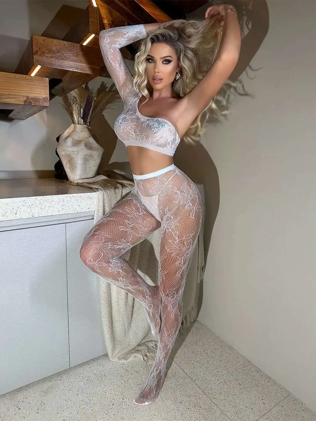 

Uniform Temptation Hollow Out Flower Embroidery Fishing Net Sexy Unilateral Long Sleeved Unilateral Sleeveless Bodysuits 1QWQ
