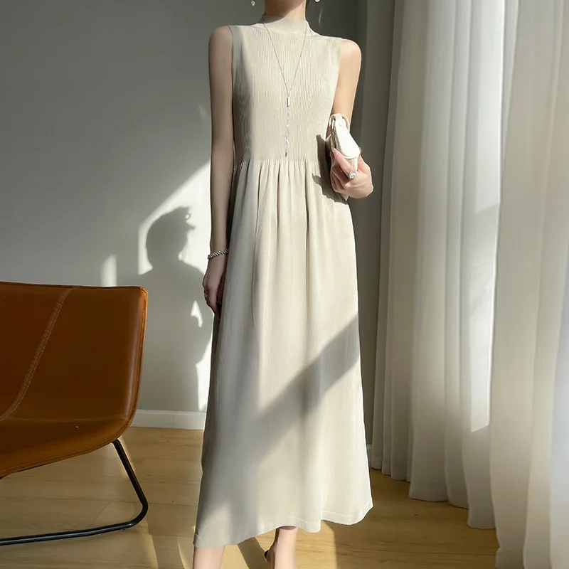 

Spring and summer hot sleeveless vest dress, knitted half high neck dress, versatile temperament, long and slimming dress