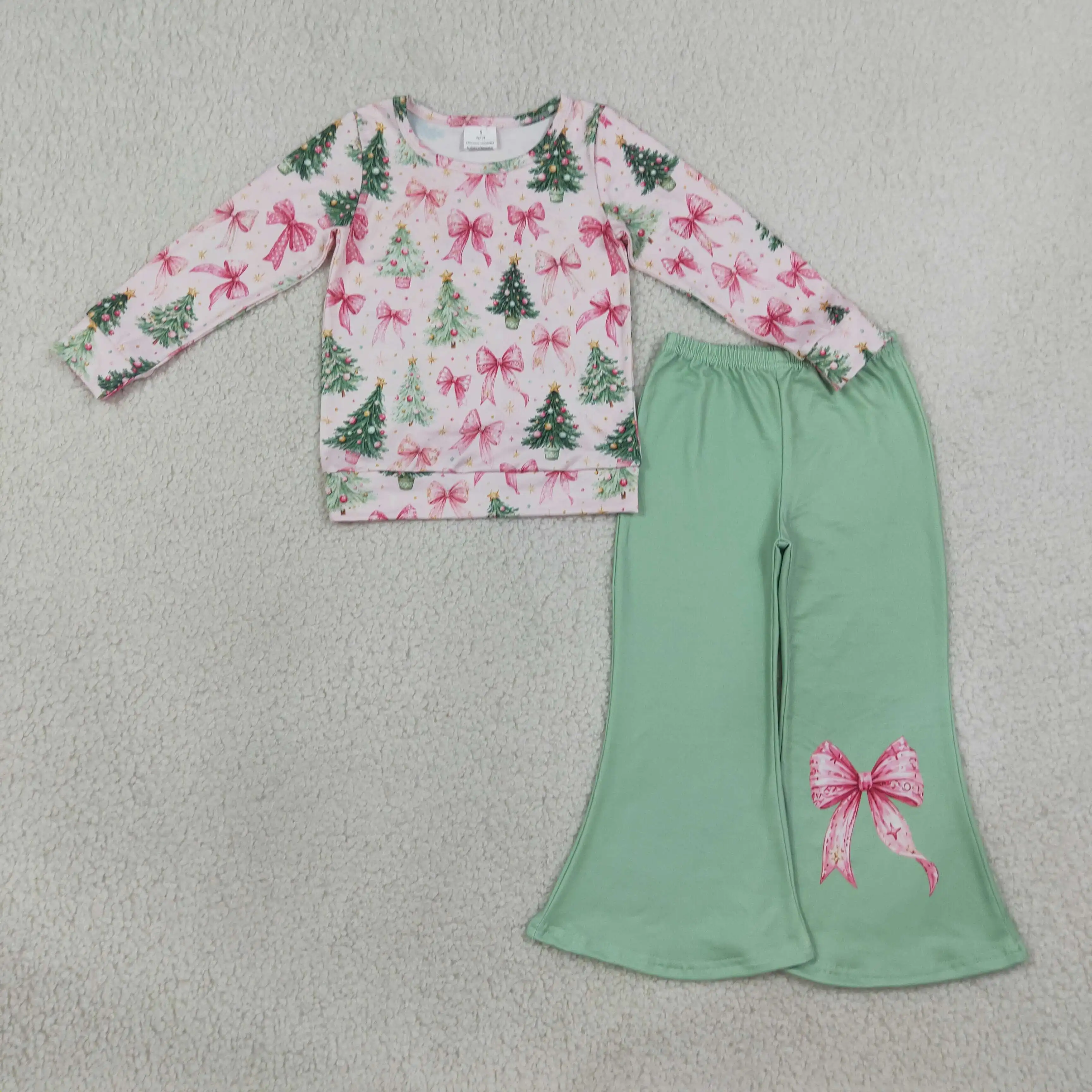 Conjunto Navideño para Niños Pequeños al por Mayor: Camisa de Manga Larga con Lazos de Santa y Árbol, Ropa para Bebés Niñas, Pantalones Verdes con Campanas, Traje para Niñas.